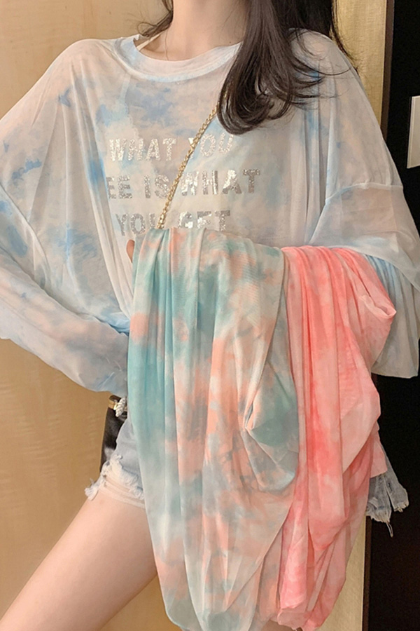 샤인 레터링 시스루 나염 긴팔 티셔츠 (오렌지.핑크.블루) #오버핏
